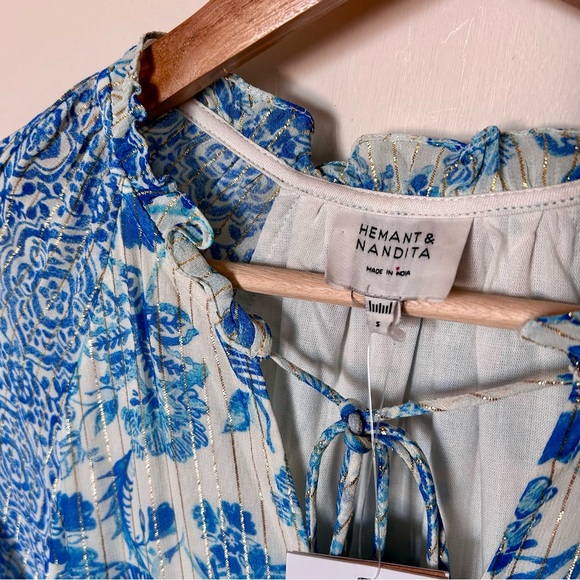 NWT Hemant & Nandita Kaiyo Blue and White Floral Mini Dress - Picture 7 of 7